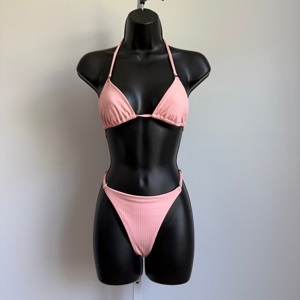 Ribbed Dainty Beachy Pink Triangle Bikini Set Small Summer Swimwear